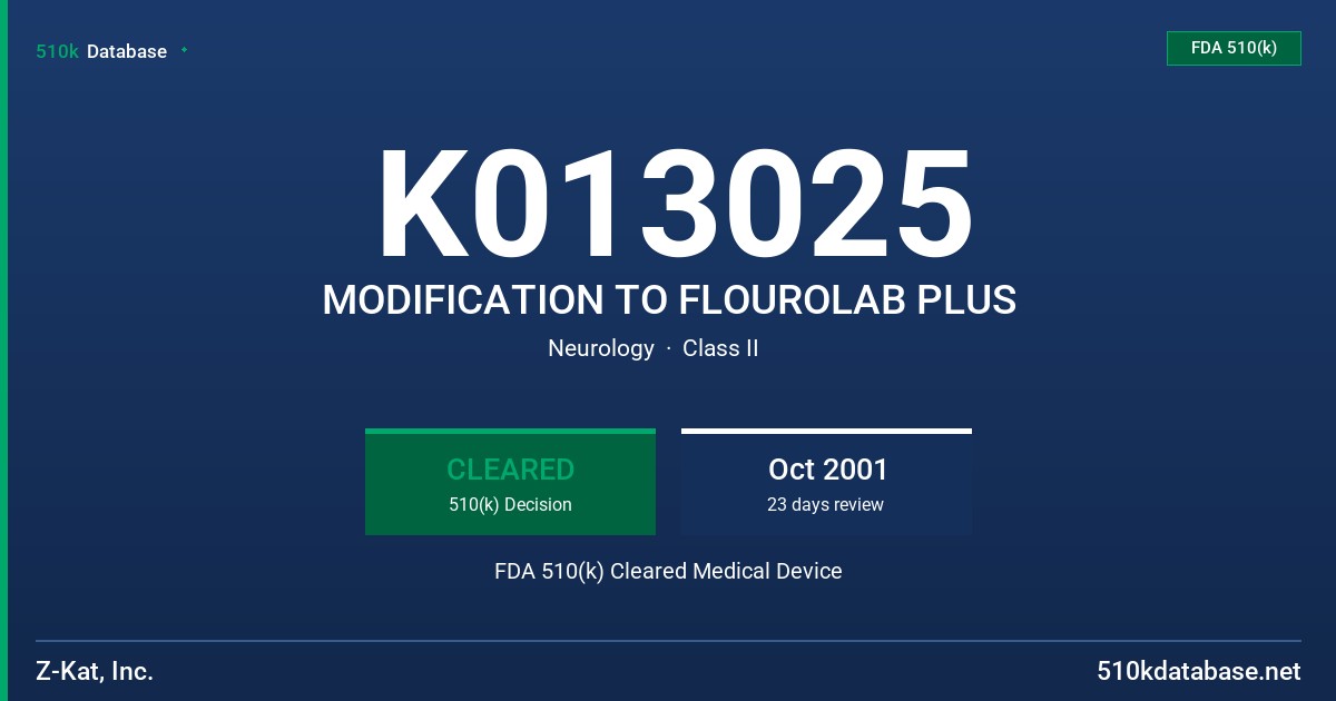K013025 MODIFICATION TO FLOUROLAB PLUS FDA 510(k) Cleared Medical Device