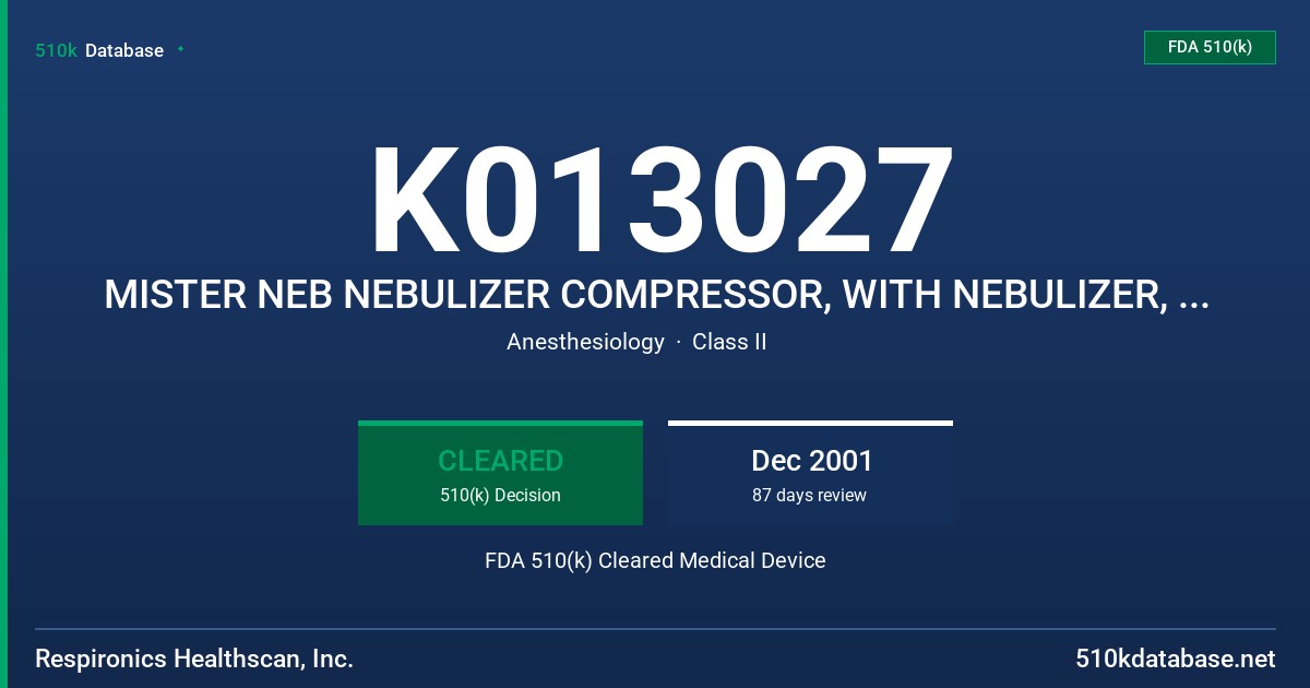 K013027 MISTER NEB NEBULIZER COMPRESSOR, WITH NEBULIZER, MODEL HS123 FDA 510(k) Cleared Medical Device