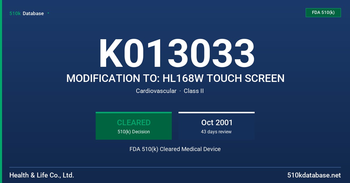 K013033 MODIFICATION TO: HL168W TOUCH SCREEN FDA 510(k) Cleared Medical Device