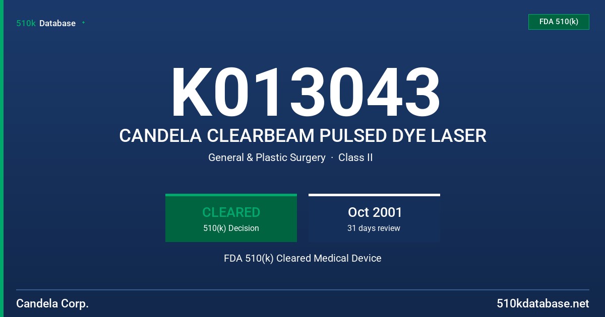 K013043 CANDELA CLEARBEAM PULSED DYE LASER FDA 510(k) Cleared Medical Device