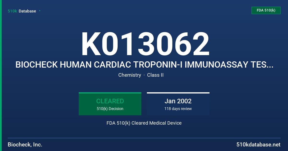 K013062 BIOCHECK HUMAN CARDIAC TROPONIN-I IMMUNOASSAY TEST KIT FDA 510(k) Cleared Medical Device