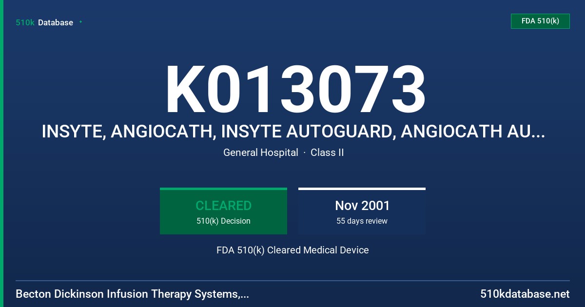 K013073 INSYTE, ANGIOCATH, INSYTE AUTOGUARD, ANGIOCATH AUTOGUARD, AUTOGUARD PRO, INTIMA AND SAF-T-INTIMA INTRAVASCULAR CATHETERS FDA 510(k) Cleared Medical Device