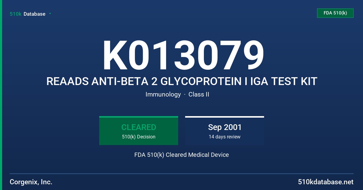 K013079 REAADS ANTI-BETA 2 GLYCOPROTEIN I IGA TEST KIT FDA 510(k) Cleared Medical Device