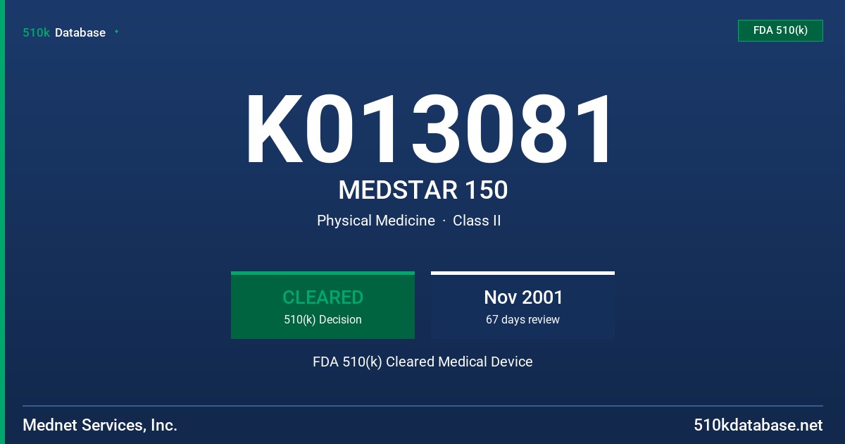 K013081 MEDSTAR 150 FDA 510(k) Cleared Medical Device