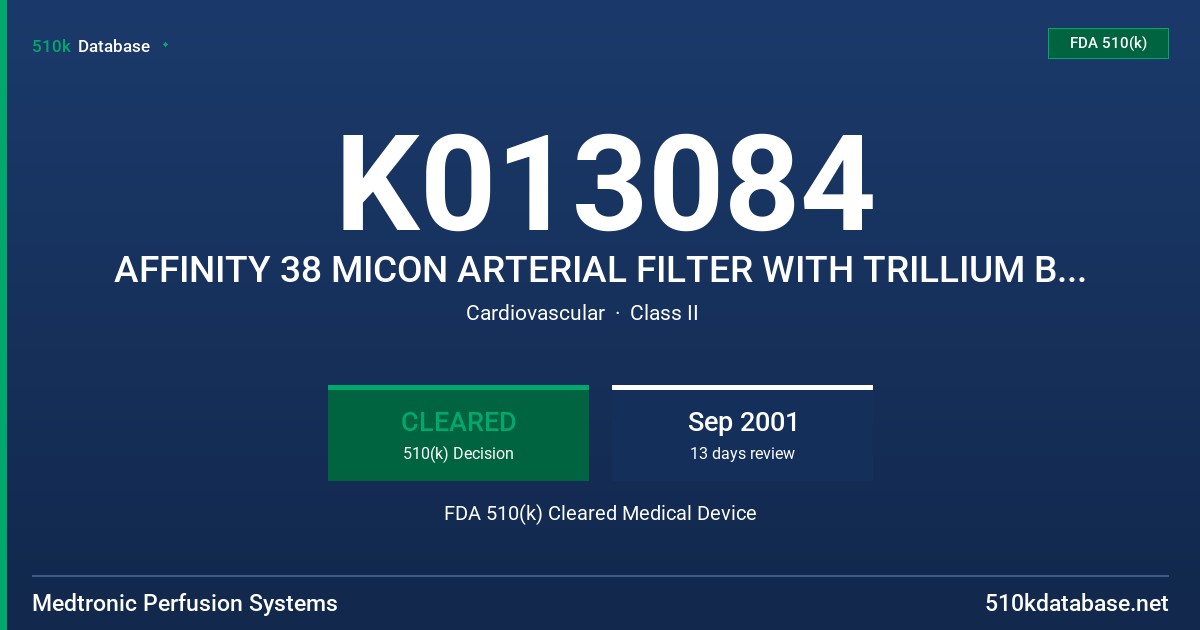K013084 AFFINITY 38 MICON ARTERIAL FILTER WITH TRILLIUM BIOPASSIVE SURFACE, MODEL 351T FDA 510(k) Cleared Medical Device