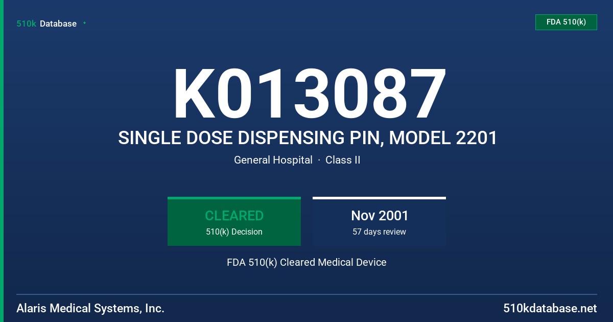 K013087 SINGLE DOSE DISPENSING PIN, MODEL 2201 FDA 510(k) Cleared Medical Device