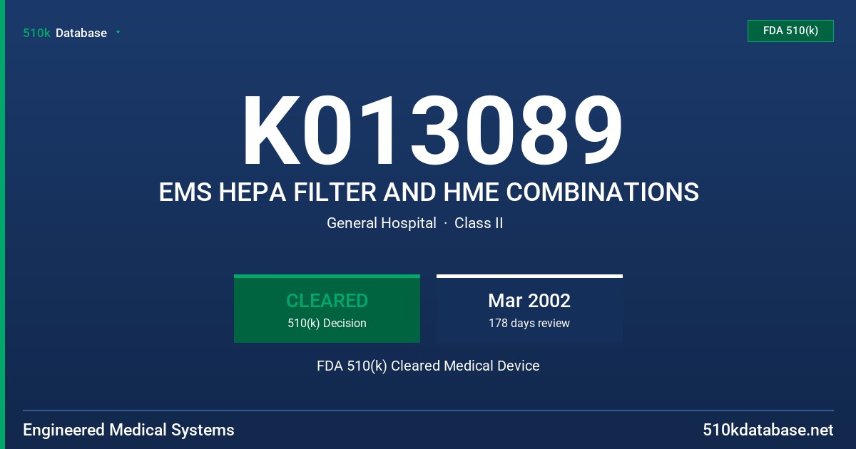 K013089 EMS HEPA FILTER AND HME COMBINATIONS FDA 510(k) Cleared Medical Device