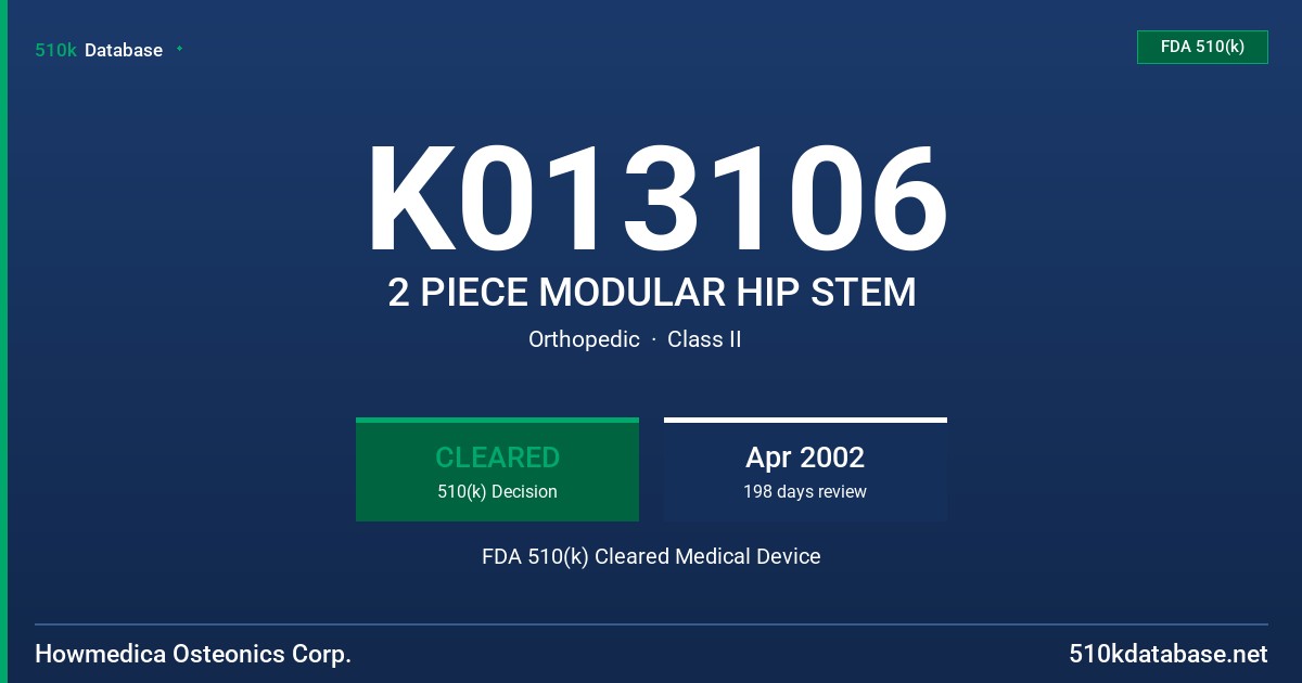 K013106 2 PIECE MODULAR HIP STEM FDA 510(k) Cleared Medical Device