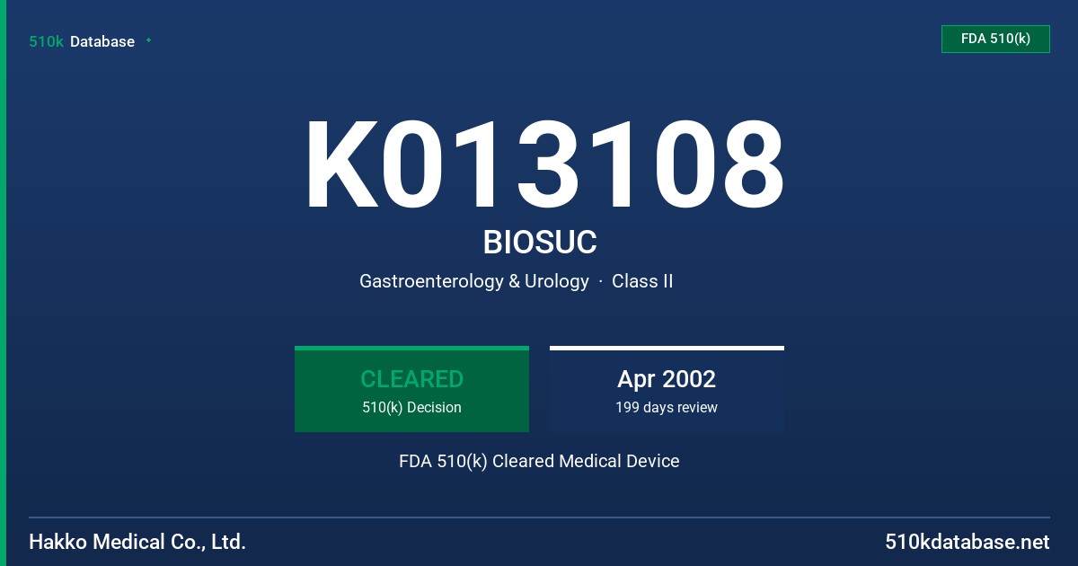 K013108 BIOSUC FDA 510(k) Cleared Medical Device