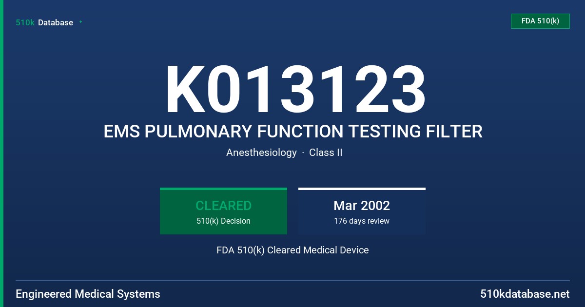 K013123 EMS PULMONARY FUNCTION TESTING FILTER FDA 510(k) Cleared Medical Device