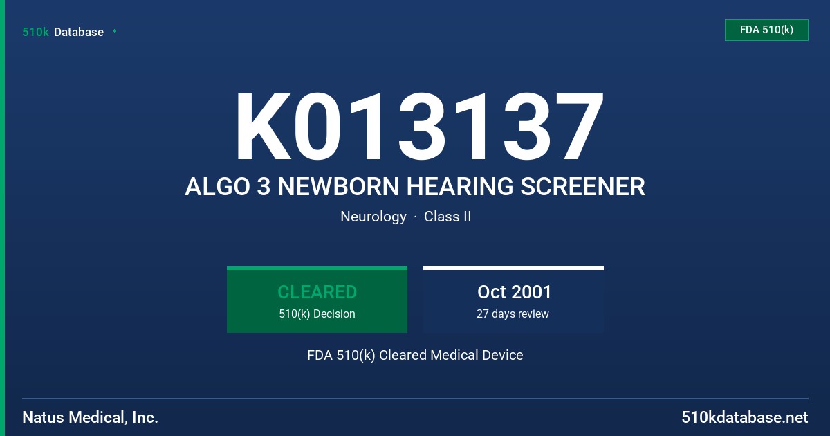 K013137 ALGO 3 NEWBORN HEARING SCREENER FDA 510(k) Cleared Medical Device