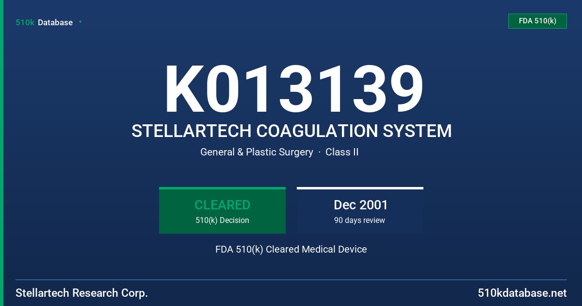 K013139 STELLARTECH COAGULATION SYSTEM FDA 510(k) Cleared Medical Device