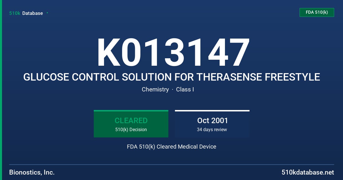 K013147 GLUCOSE CONTROL SOLUTION FOR THERASENSE FREESTYLE FDA 510(k) Cleared Medical Device