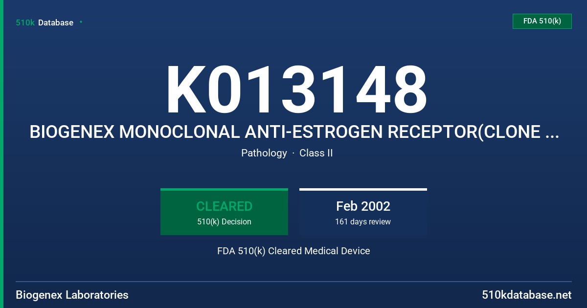 K013148 BIOGENEX MONOCLONAL ANTI-ESTROGEN RECEPTOR(CLONE ER88) FDA 510(k) Cleared Medical Device