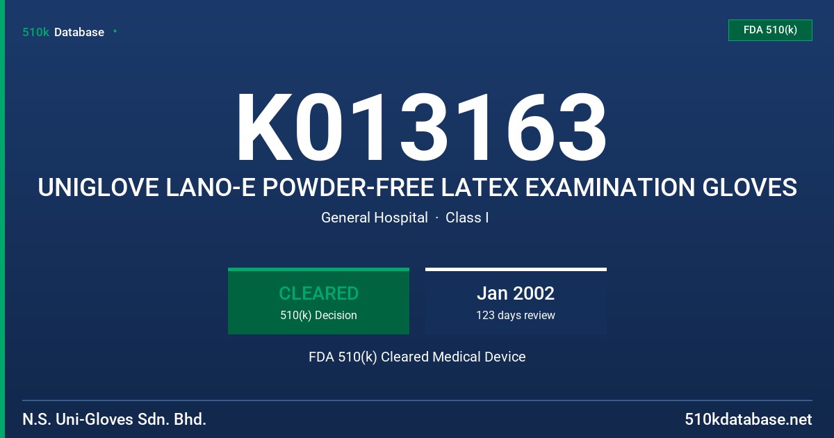 K013163 UNIGLOVE LANO-E POWDER-FREE LATEX EXAMINATION GLOVES FDA 510(k) Cleared Medical Device