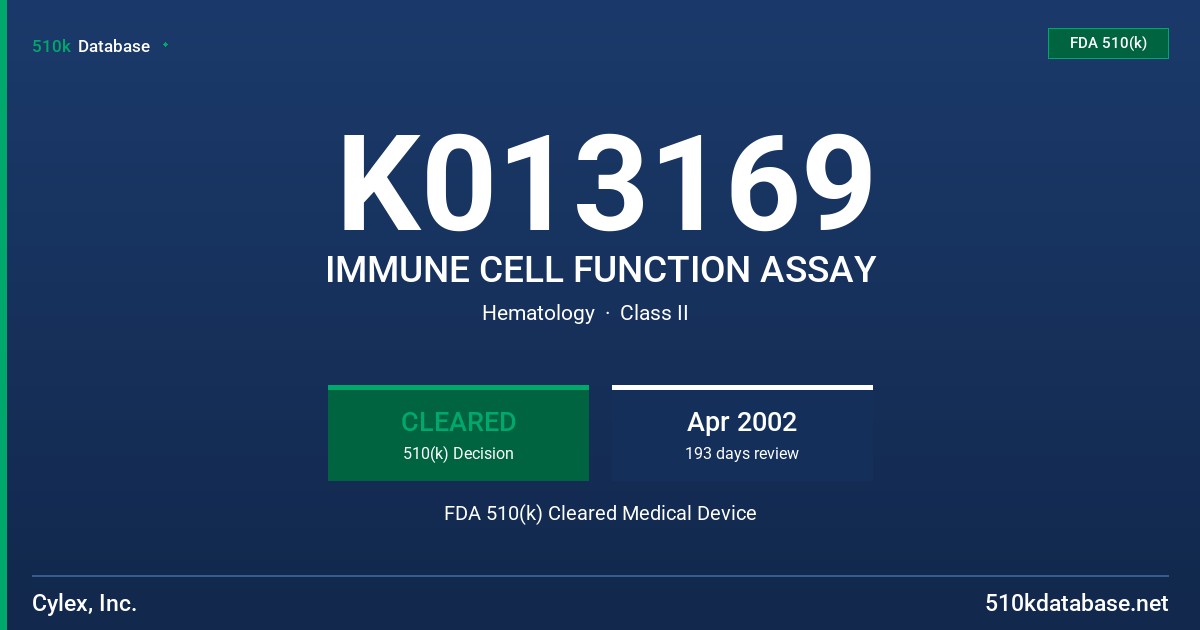 K013169 IMMUNE CELL FUNCTION ASSAY FDA 510(k) Cleared Medical Device