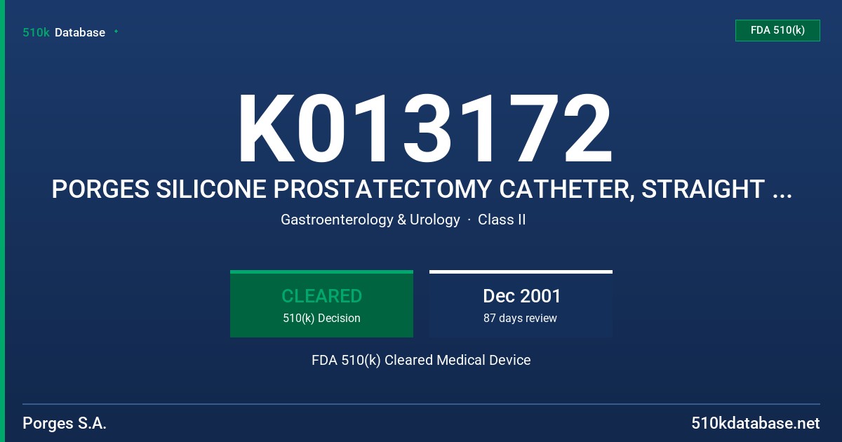 K013172 PORGES SILICONE PROSTATECTOMY CATHETER, STRAIGHT CYLINDRICAL TIP, DELINOTTE TIP, DUFOUR TIP, OVER THE GUIDE TIP, MODEL FDA 510(k) Cleared Medical Device