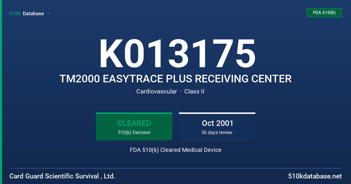 K013175 TM2000 EASYTRACE PLUS RECEIVING CENTER FDA 510(k) Cleared Medical Device
