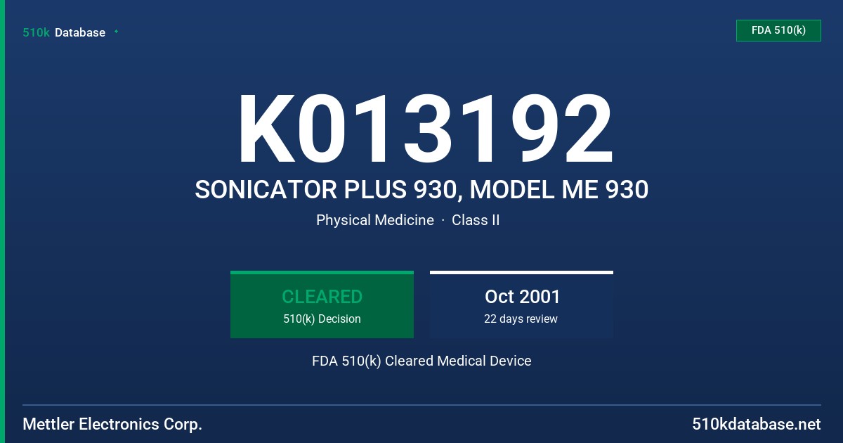 K013192 SONICATOR PLUS 930, MODEL ME 930 FDA 510(k) Cleared Medical Device