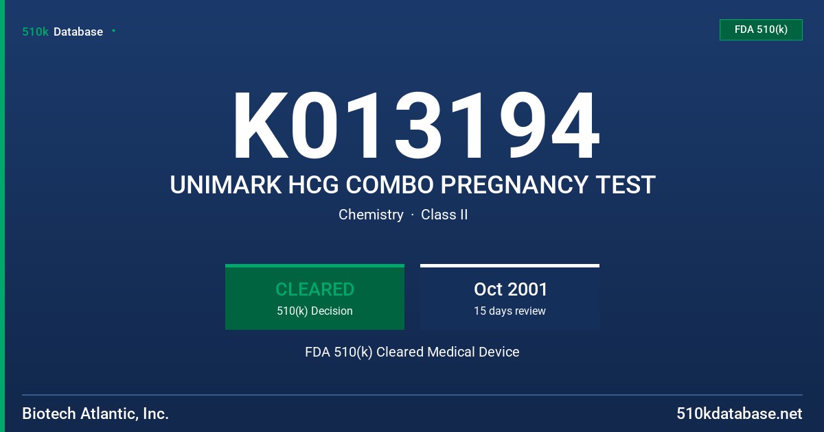 K013194 UNIMARK HCG COMBO PREGNANCY TEST FDA 510(k) Cleared Medical Device