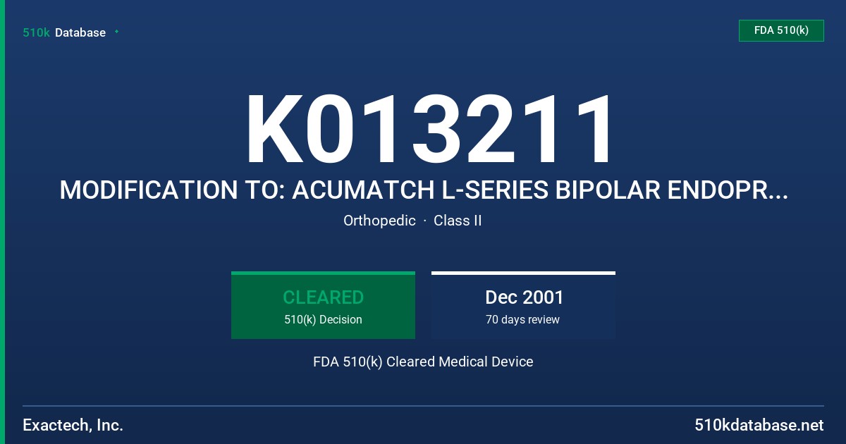 K013211 MODIFICATION TO: ACUMATCH L-SERIES BIPOLAR ENDOPROSTHESIS FDA 510(k) Cleared Medical Device