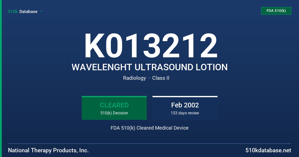 K013212 WAVELENGHT ULTRASOUND LOTION FDA 510(k) Cleared Medical Device