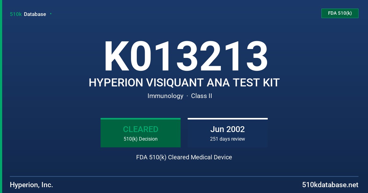 K013213 HYPERION VISIQUANT ANA TEST KIT FDA 510(k) Cleared Medical Device