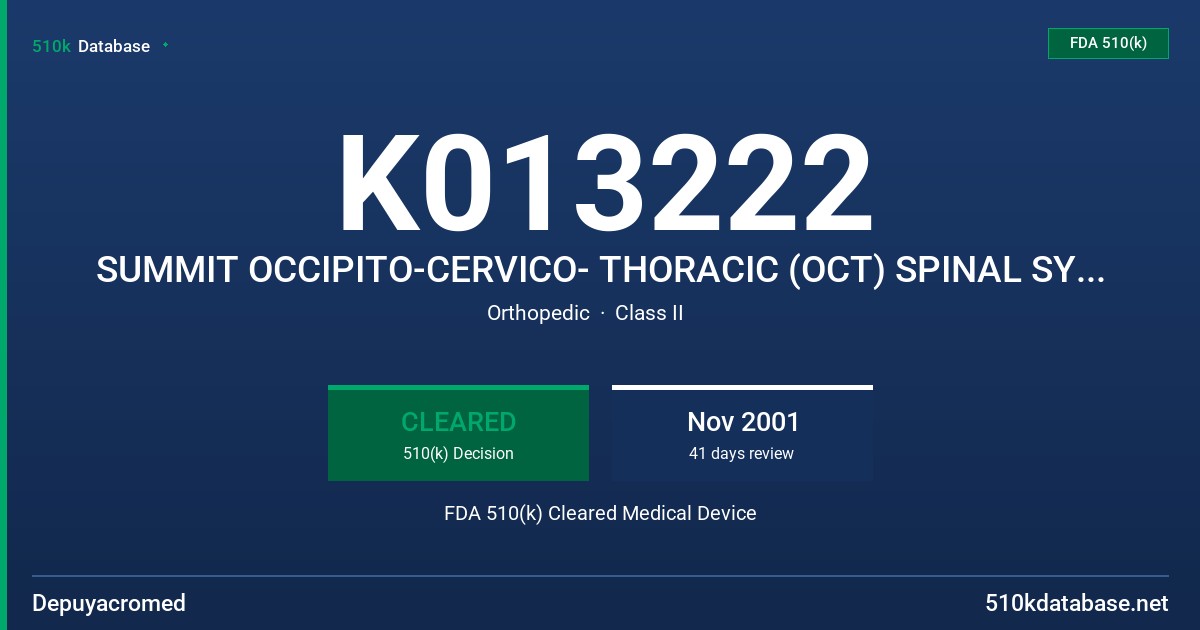 K013222 SUMMIT OCCIPITO-CERVICO- THORACIC (OCT) SPINAL SYSTEM FDA 510(k) Cleared Medical Device