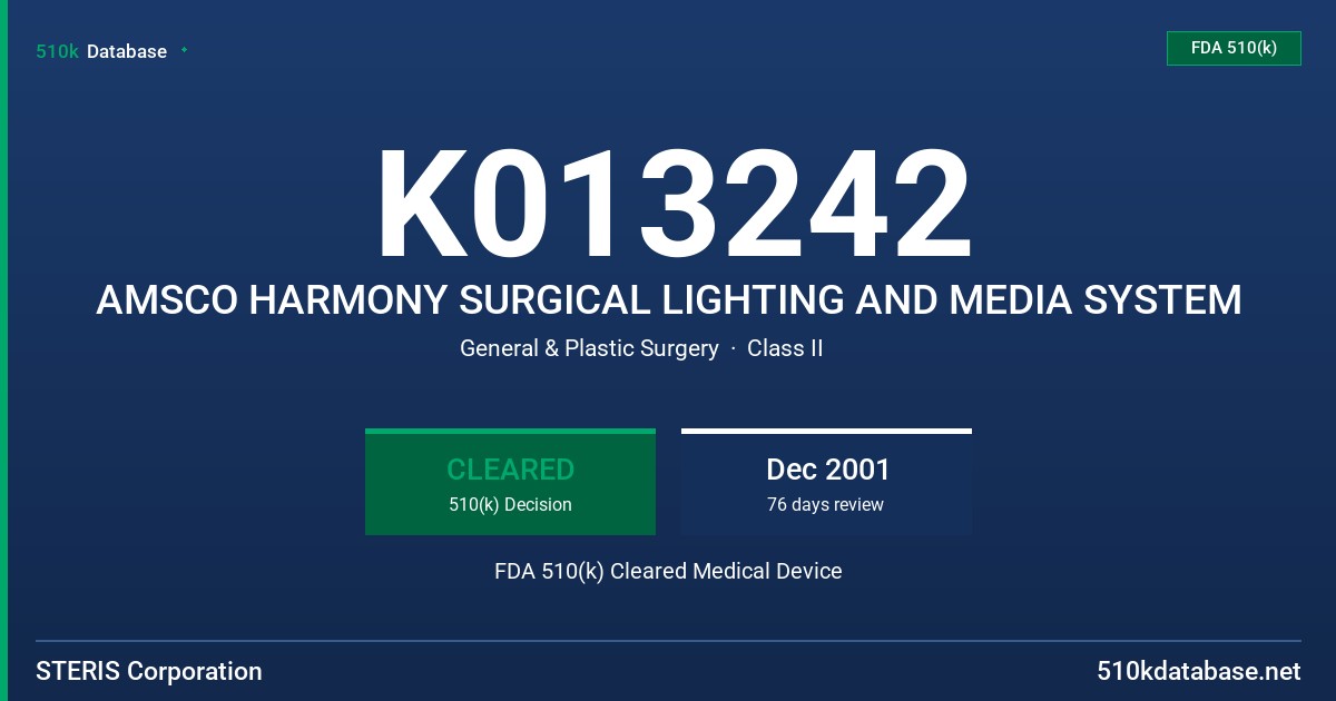 K013242 AMSCO HARMONY SURGICAL LIGHTING AND MEDIA SYSTEM FDA 510(k) Cleared Medical Device