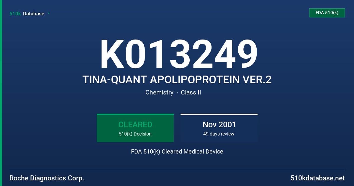 K013249 TINA-QUANT APOLIPOPROTEIN VER.2 FDA 510(k) Cleared Medical Device