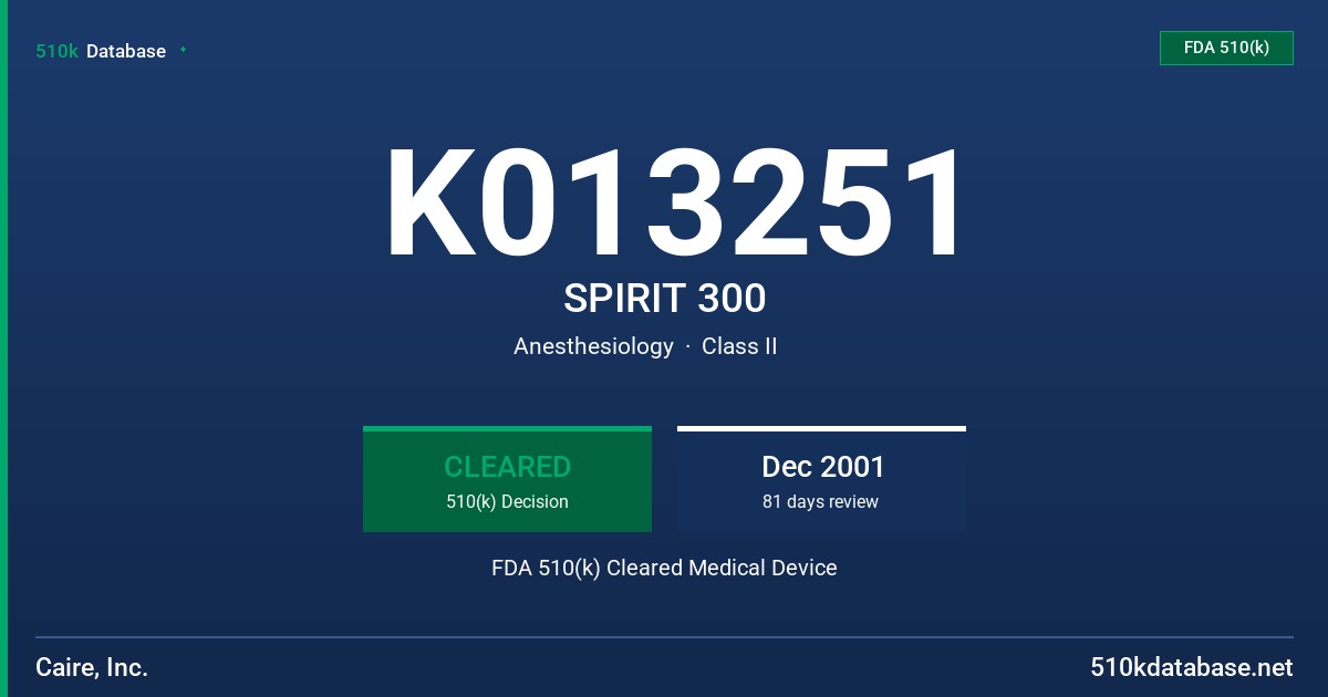 K013251 SPIRIT 300 FDA 510(k) Cleared Medical Device