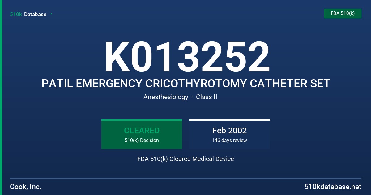 K013252 PATIL EMERGENCY CRICOTHYROTOMY CATHETER SET FDA 510(k) Cleared Medical Device