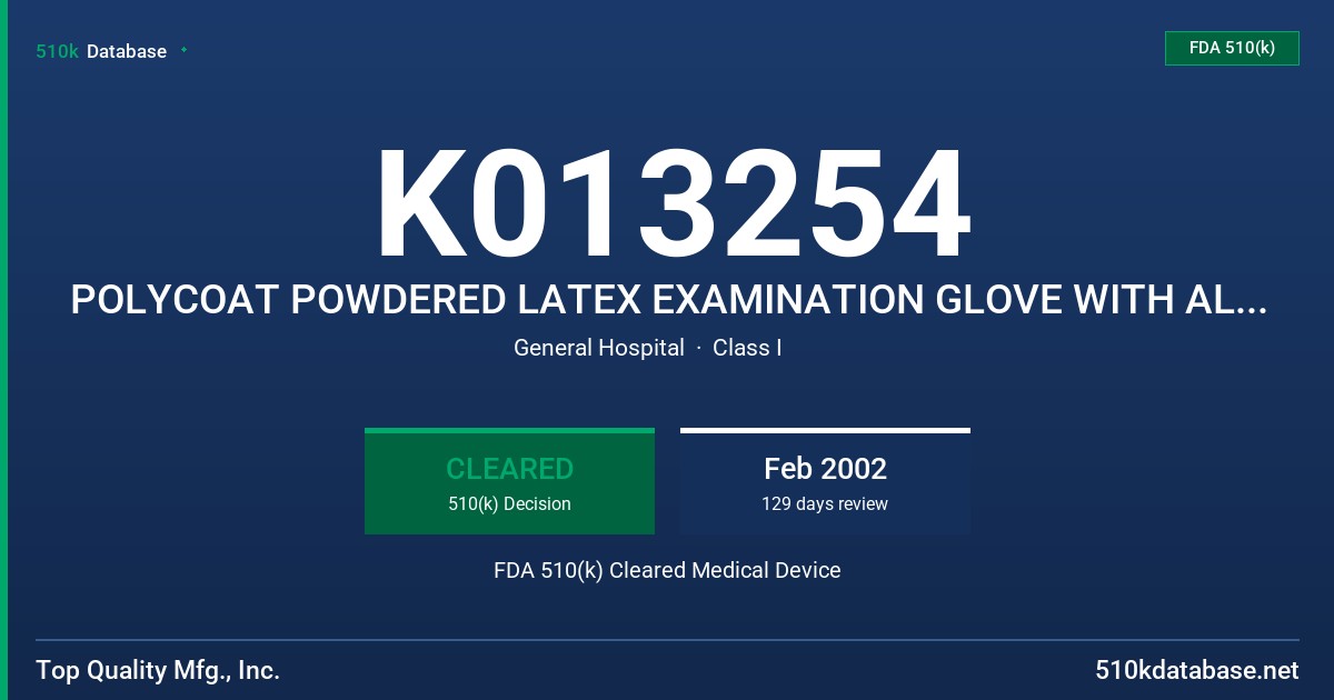 K013254 POLYCOAT POWDERED LATEX EXAMINATION GLOVE WITH ALOE VERA & PROTEIN CONTENT LABELING CLAIM (200 MICROGRAMS OR LESS) FDA 510(k) Cleared Medical Device