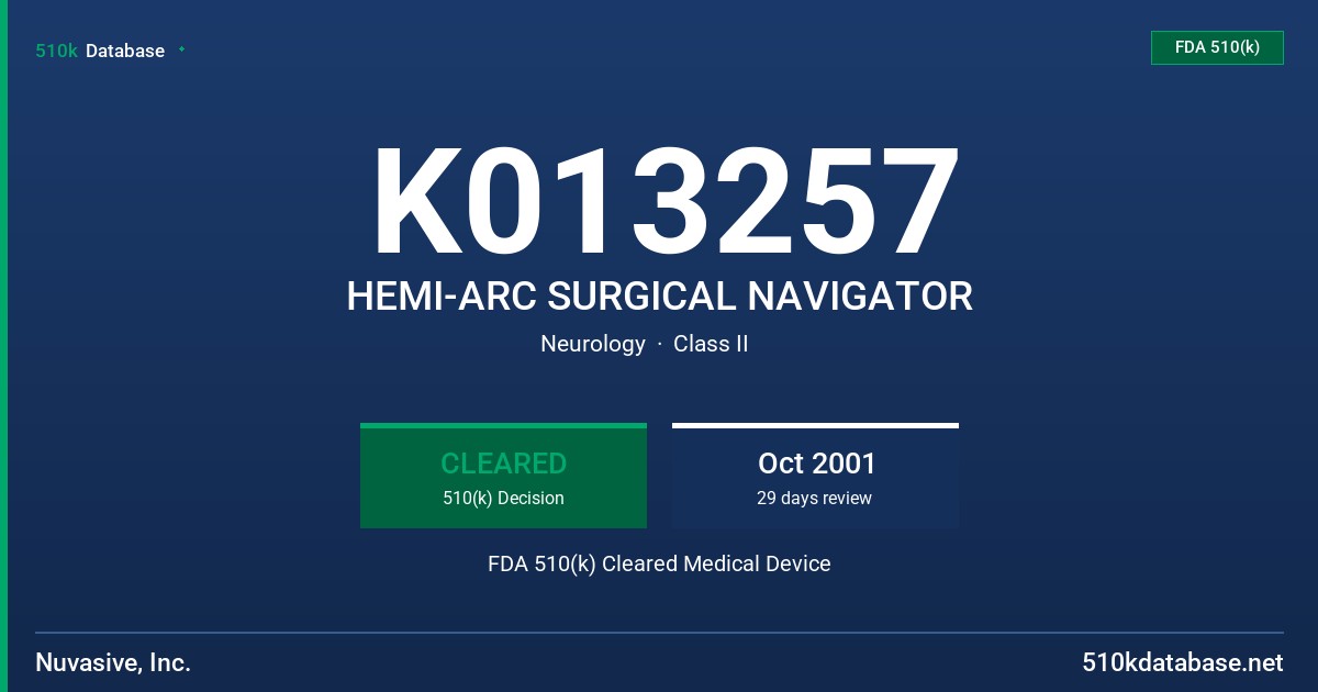 K013257 HEMI-ARC SURGICAL NAVIGATOR FDA 510(k) Cleared Medical Device