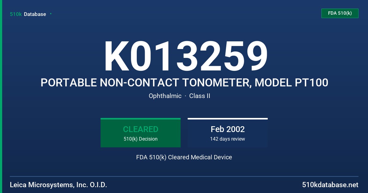 K013259 PORTABLE NON-CONTACT TONOMETER, MODEL PT100 FDA 510(k) Cleared Medical Device