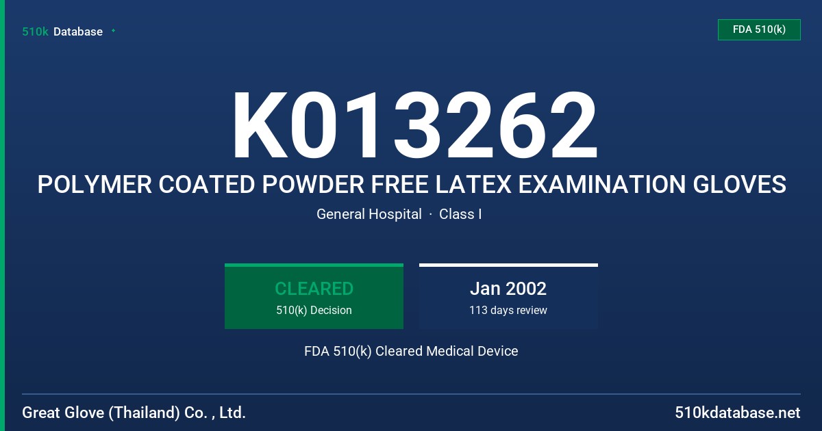 K013262 POLYMER COATED POWDER FREE LATEX EXAMINATION GLOVES FDA 510(k) Cleared Medical Device