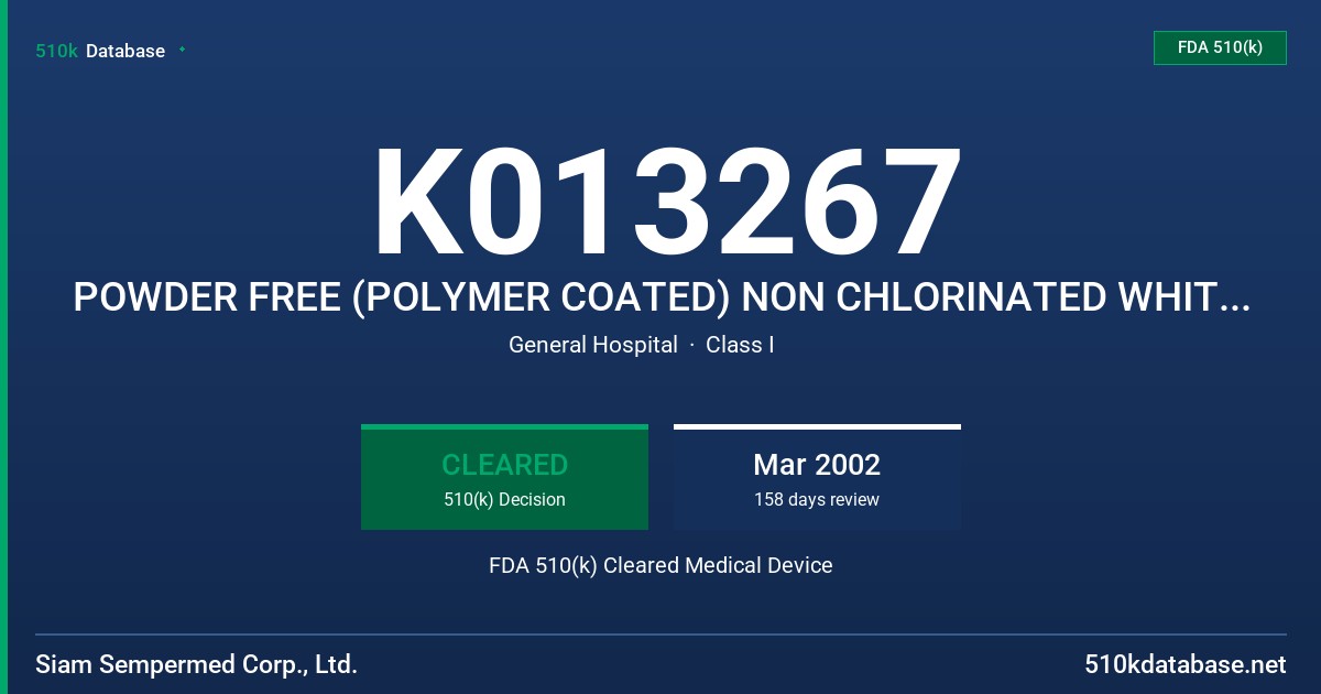 K013267 POWDER FREE (POLYMER COATED) NON CHLORINATED WHITE LATEX EXAMINATION GLOVES WITH PROTEIN CONTENT LABELING CLAIM (50 MICS FDA 510(k) Cleared Medical Device