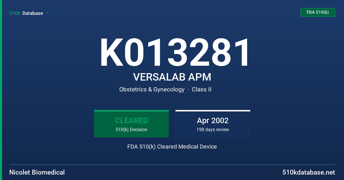 K013281 VERSALAB APM FDA 510(k) Cleared Medical Device