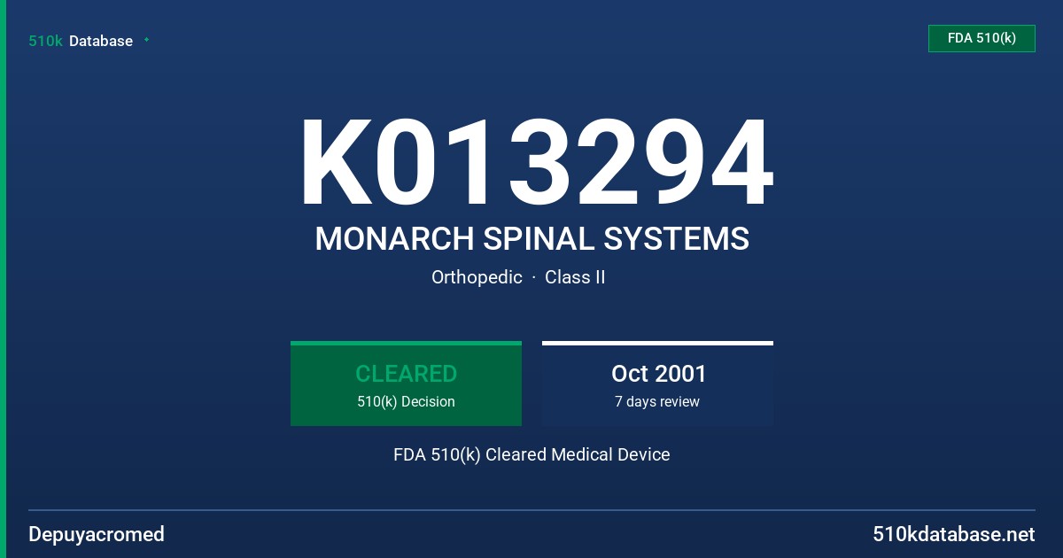 K013294 MONARCH SPINAL SYSTEMS FDA 510(k) Cleared Medical Device