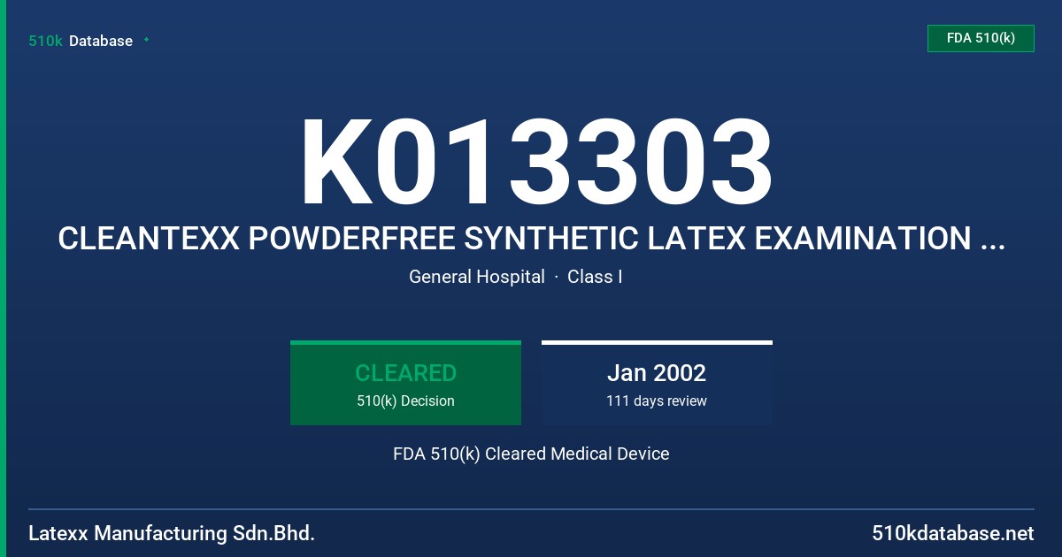 K013303 CLEANTEXX POWDERFREE SYNTHETIC LATEX EXAMINATION GLOVE MADE WITH BARRIER-PRO BUTADIENE CO-POLMER FDA 510(k) Cleared Medical Device