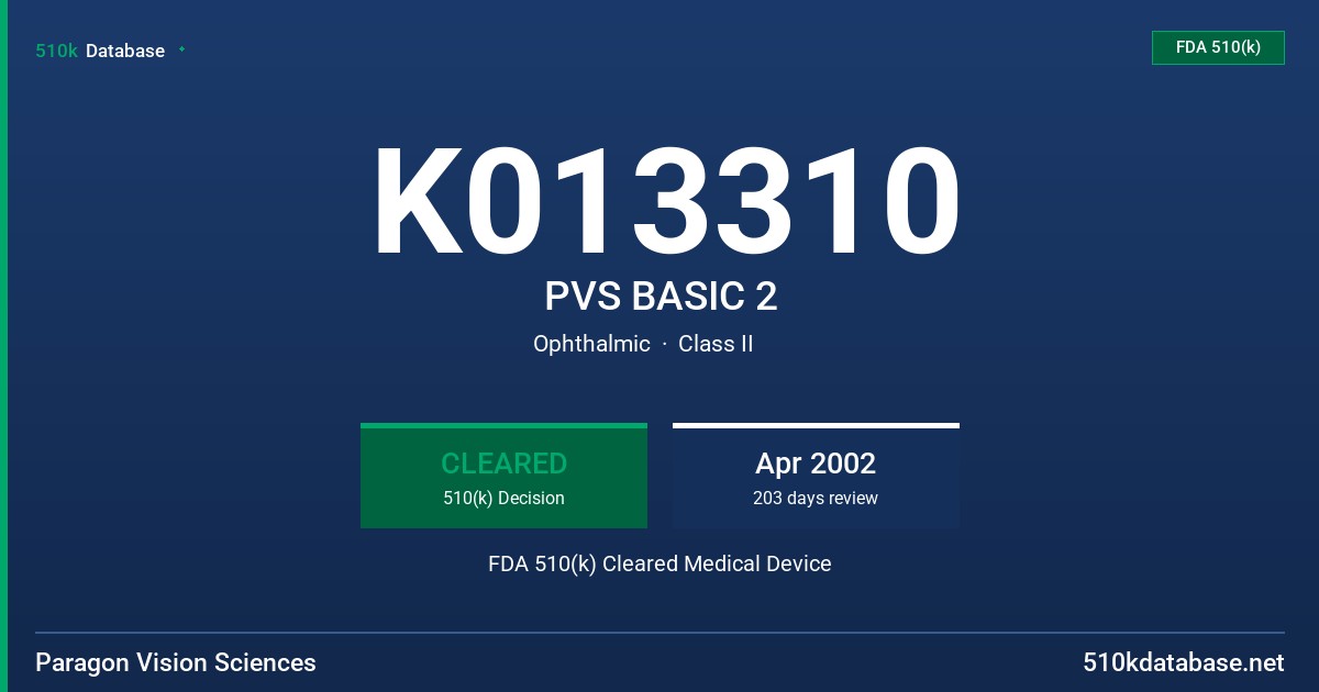 K013310 PVS BASIC 2 FDA 510(k) Cleared Medical Device