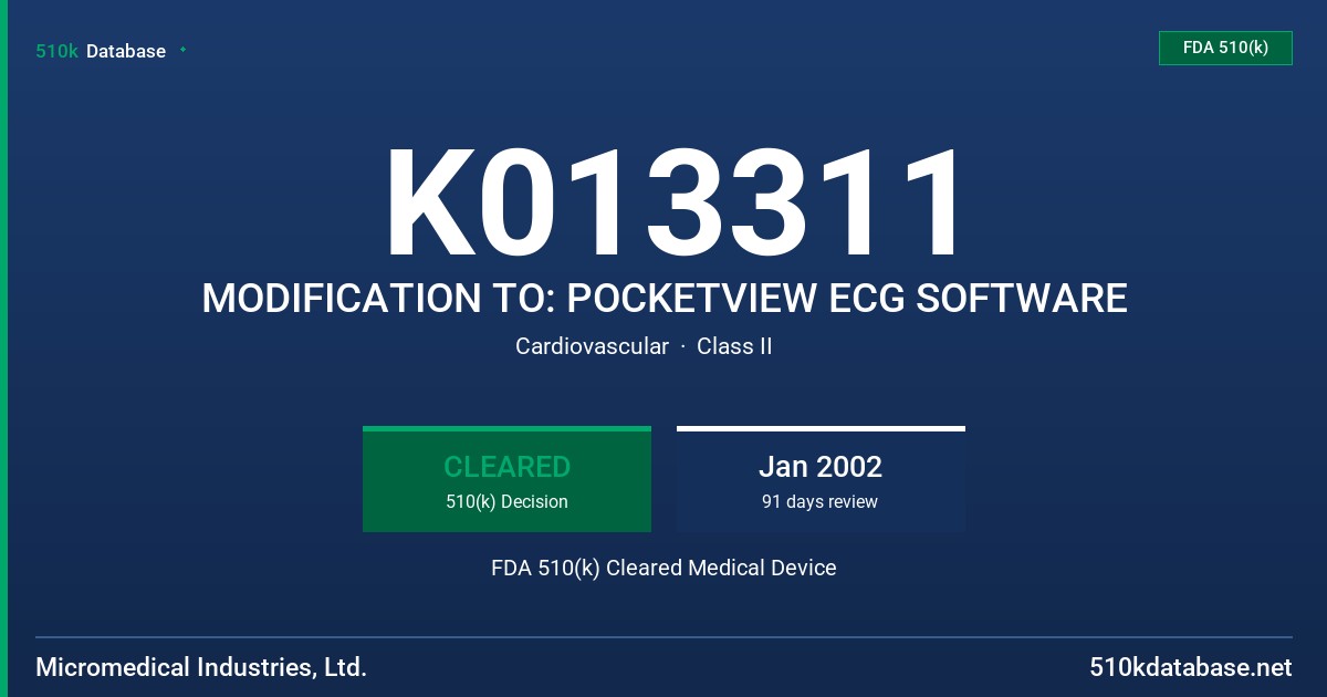 K013311 MODIFICATION TO: POCKETVIEW ECG SOFTWARE FDA 510(k) Cleared Medical Device