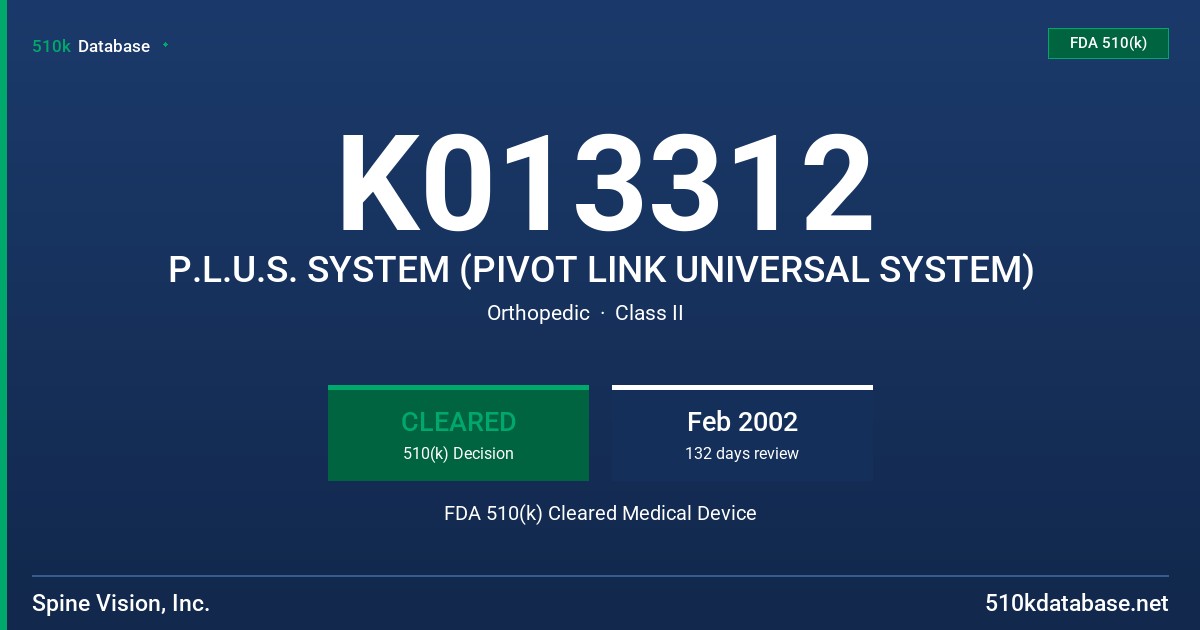 K013312 P.L.U.S. SYSTEM (PIVOT LINK UNIVERSAL SYSTEM) FDA 510(k) Cleared Medical Device