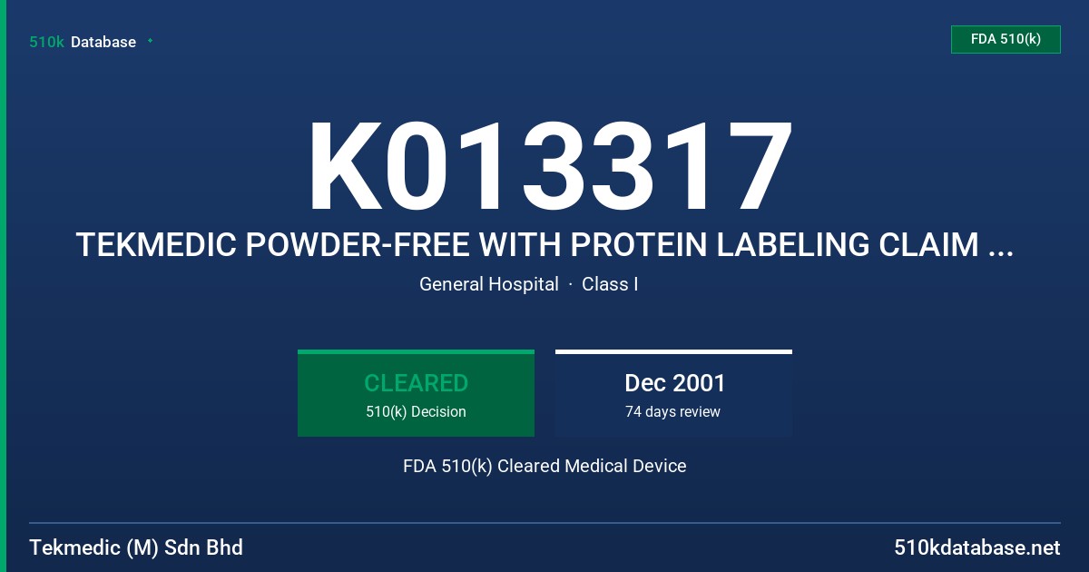 K013317 TEKMEDIC POWDER-FREE WITH PROTEIN LABELING CLAIM (50 MICROGRAMS OR LESS) FDA 510(k) Cleared Medical Device
