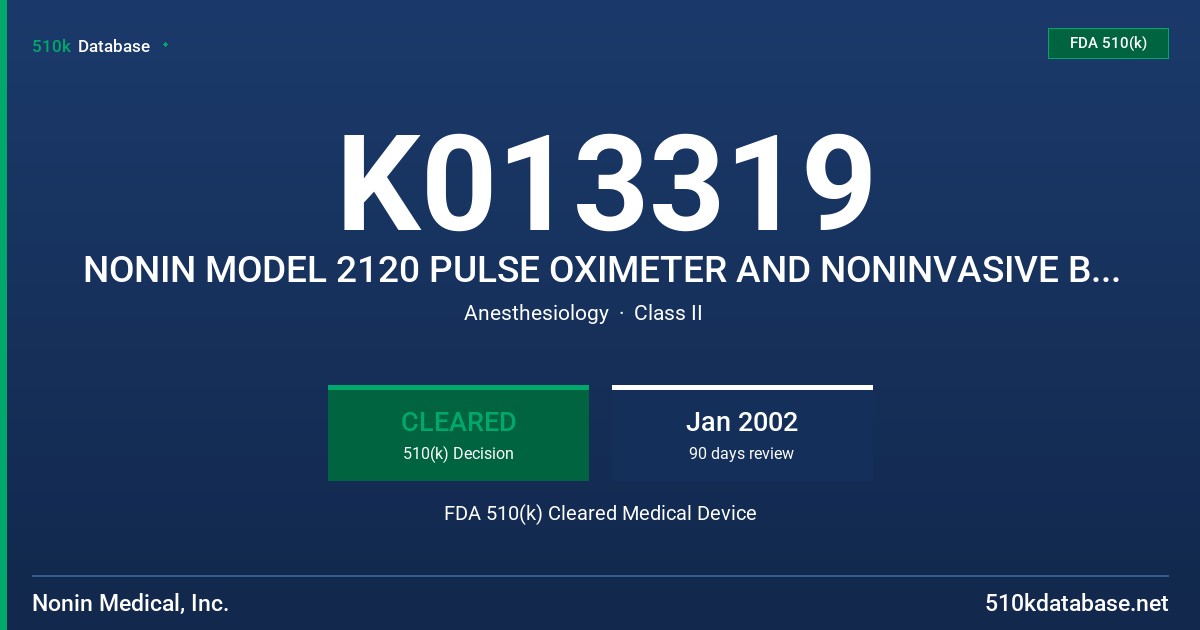 K013319 NONIN MODEL 2120 PULSE OXIMETER AND NONINVASIVE BLOOD PRESSURE (NIBP) MONITOR FDA 510(k) Cleared Medical Device