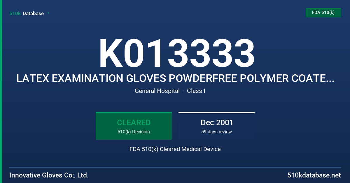 K013333 LATEX EXAMINATION GLOVES POWDERFREE POLYMER COATED WITH PROTEIN CONCENT LABEL CLAIM FDA 510(k) Cleared Medical Device