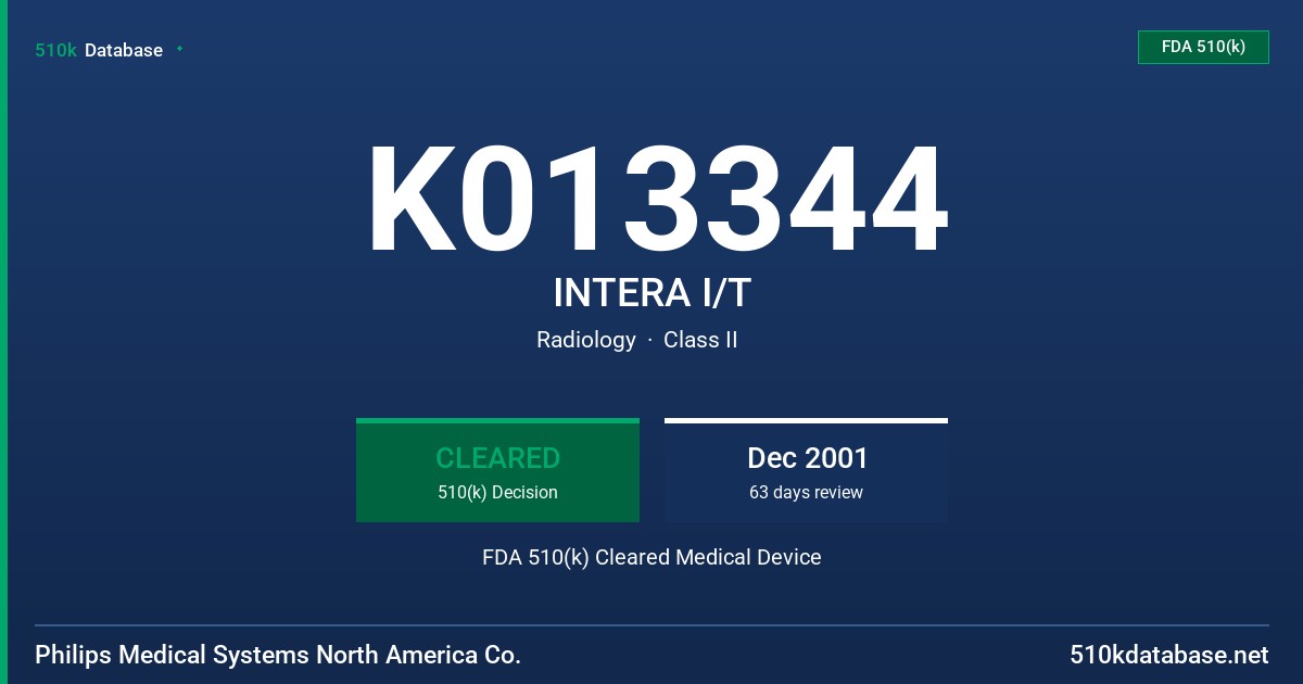 K013344 INTERA I/T FDA 510(k) Cleared Medical Device