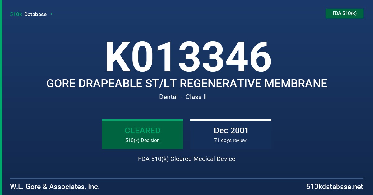 K013346 GORE DRAPEABLE ST/LT REGENERATIVE MEMBRANE FDA 510(k) Cleared Medical Device