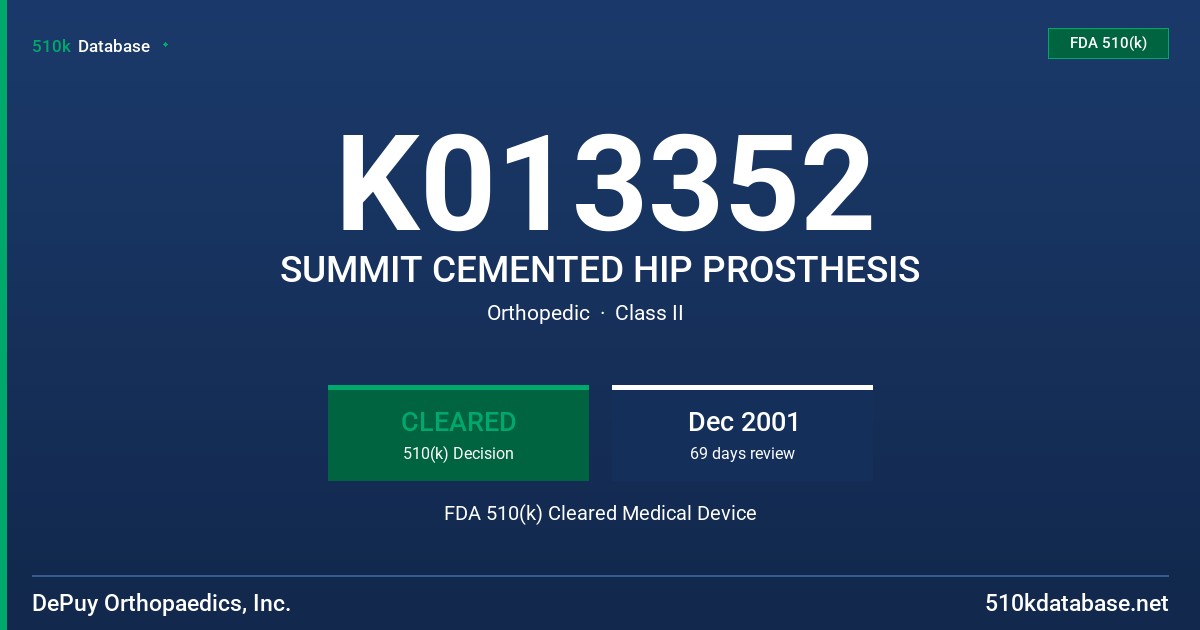 K013352 SUMMIT CEMENTED HIP PROSTHESIS FDA 510(k) Cleared Medical Device
