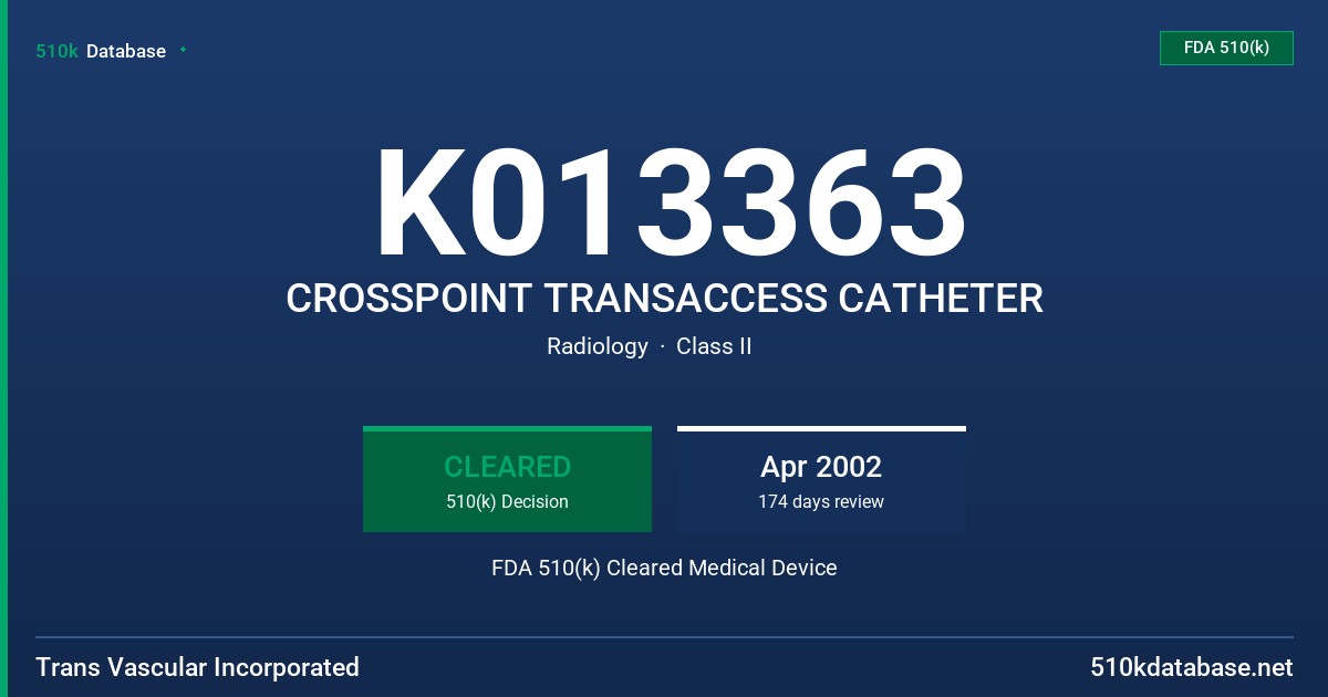 K013363 CROSSPOINT TRANSACCESS CATHETER FDA 510(k) Cleared Medical Device